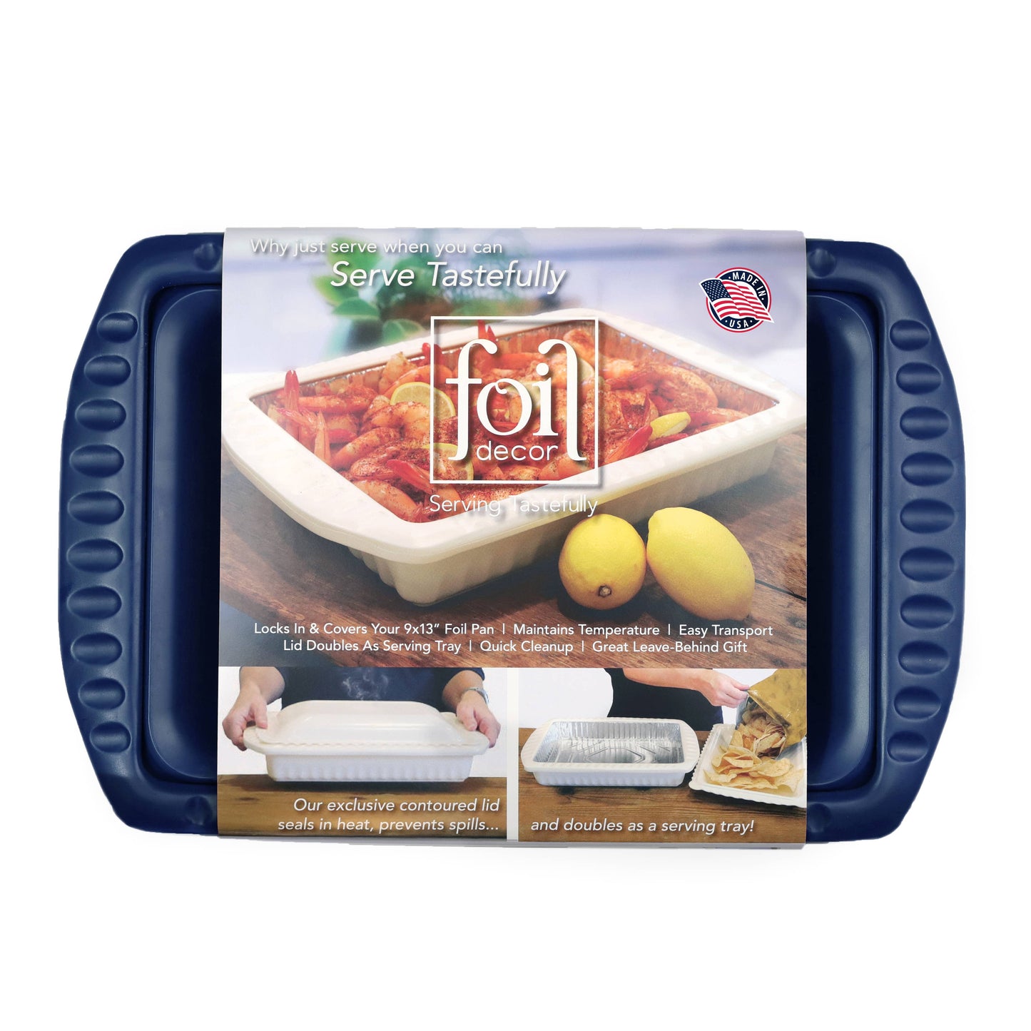 Foil Decor has three plastic components that work as a system to hold a 9x13 foil pan. shown with promotional packaging.