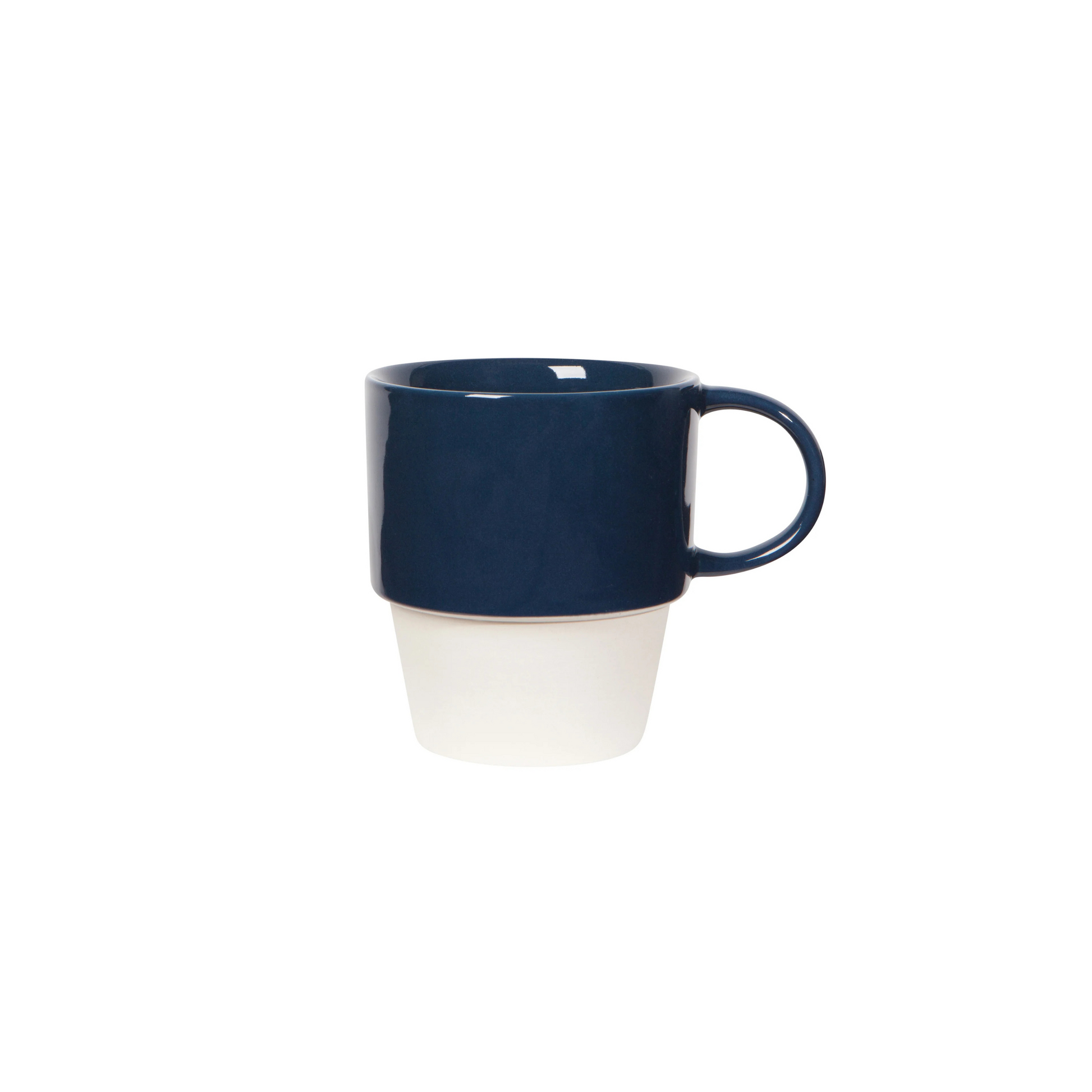 Navy blue mug with white base on a white background