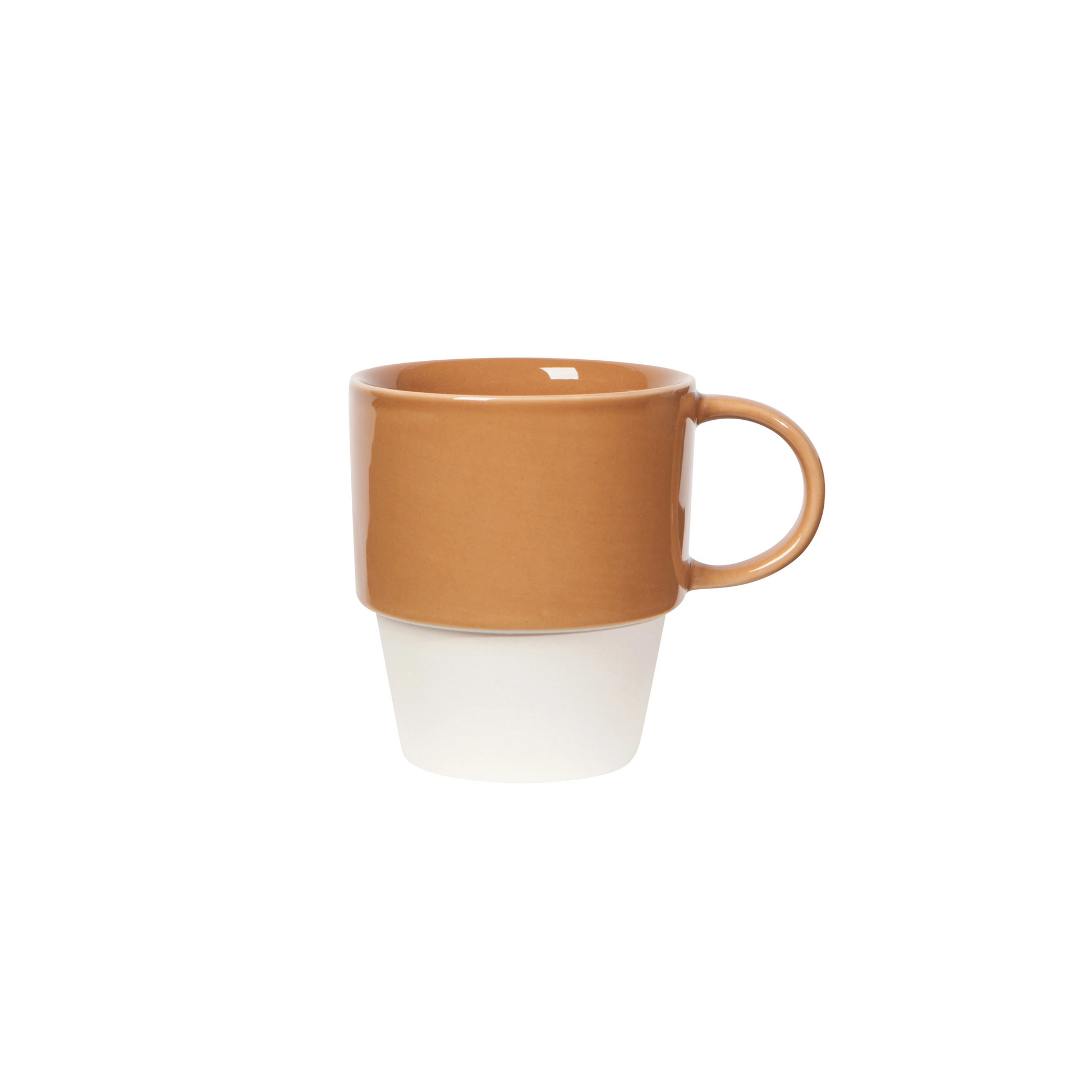Ceramic mug with brown top and white bottom on a white background