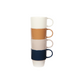 Stack of four mugs with different colored bands on a white background