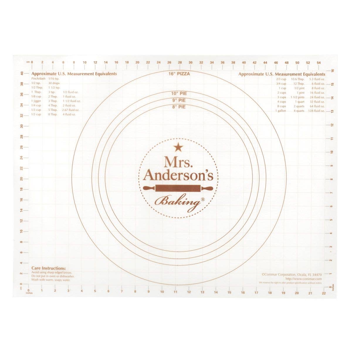 Baking mat with 'Mrs. Anderson's Baking' branding and measurement chart
