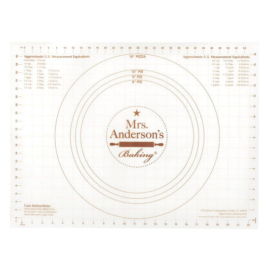 Baking mat with 'Mrs. Anderson's Baking' branding and measurement chart