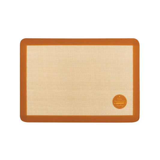 Silicone baking mat with brown border and logo on a white background