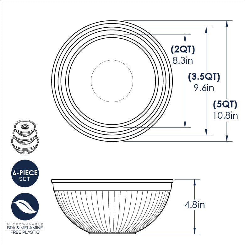 Technical drawing of a 6-piece bowl set with dimensions and features.