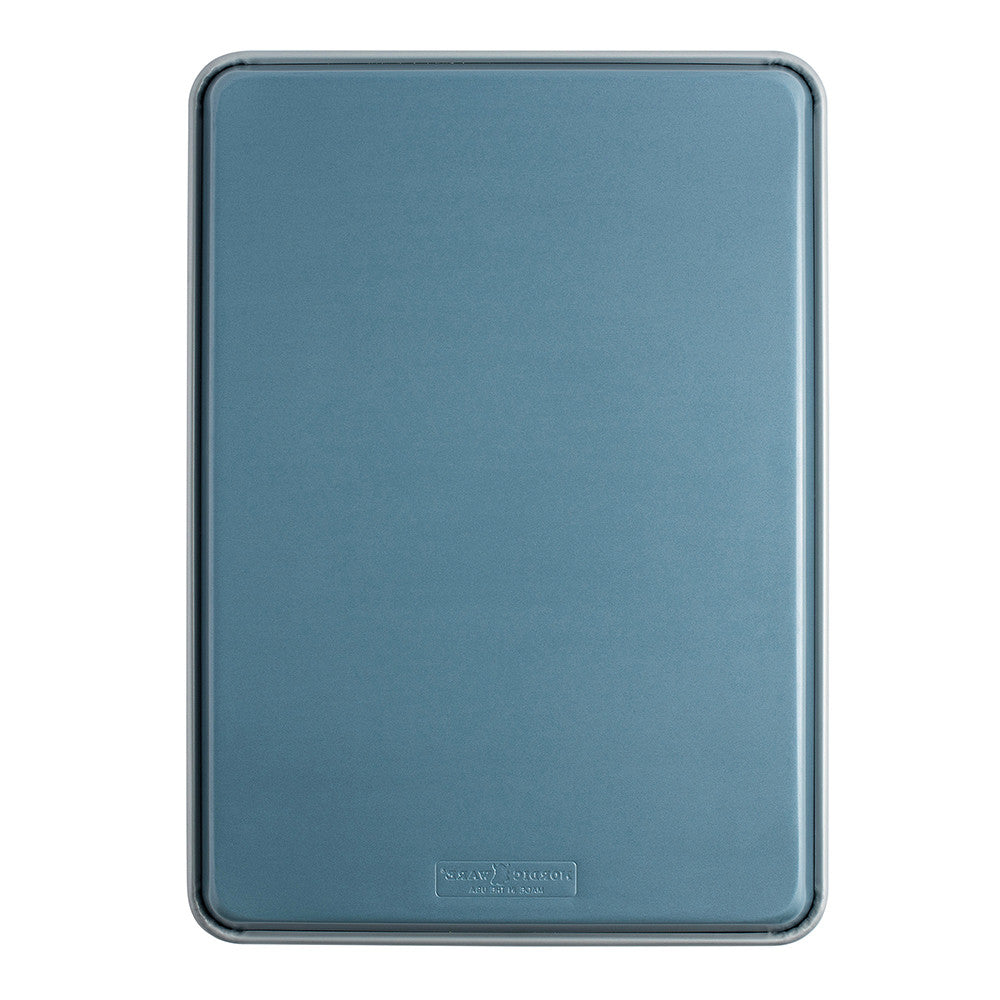 Blue rectangular baking sheet with a brand logo on a white background