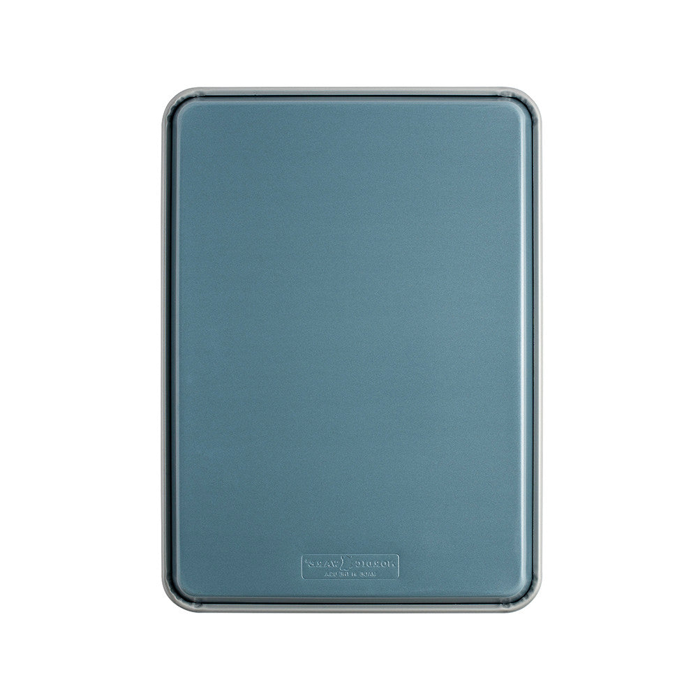 Blue rectangular object with a brand logo on a white background