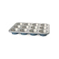 Metal muffin tin with blue silicone cups on a white background