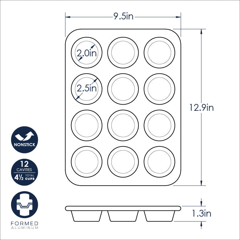 Baking tray with dimensions and features on a white background