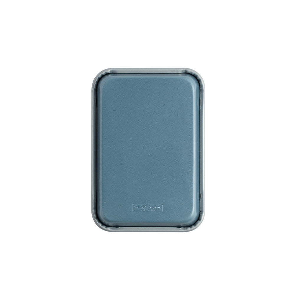 Rectangular metal tray on a white background