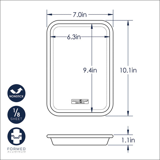 Measurement chart of a rectangular baking sheet with dimensions and features.
