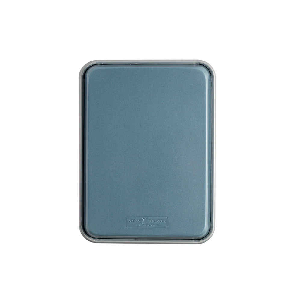 Rectangular metal baking tray with a blueish-gray finish on a white background