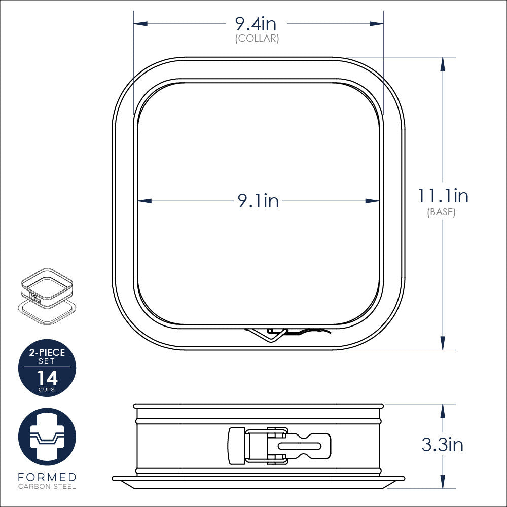Technical drawing of a springform pan with dimensions labeled
