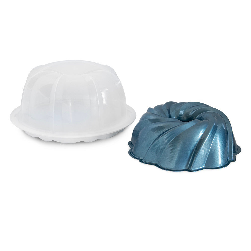 White and blue bundt baking molds on a white background