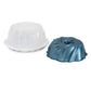 White and blue bundt baking molds on a white background