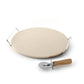 Round pizza stone with metal handle and pizza cutter with wooden handle on a white background