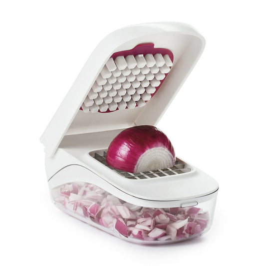 Onion chopper with a red onion being chopped on a white background