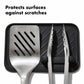 Set of kitchen utensils with a black mat underneath, text 'Protects surfaces against scratches'.