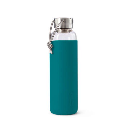 Black and Blum glass water bottle with lid and ocean blue silicone blue