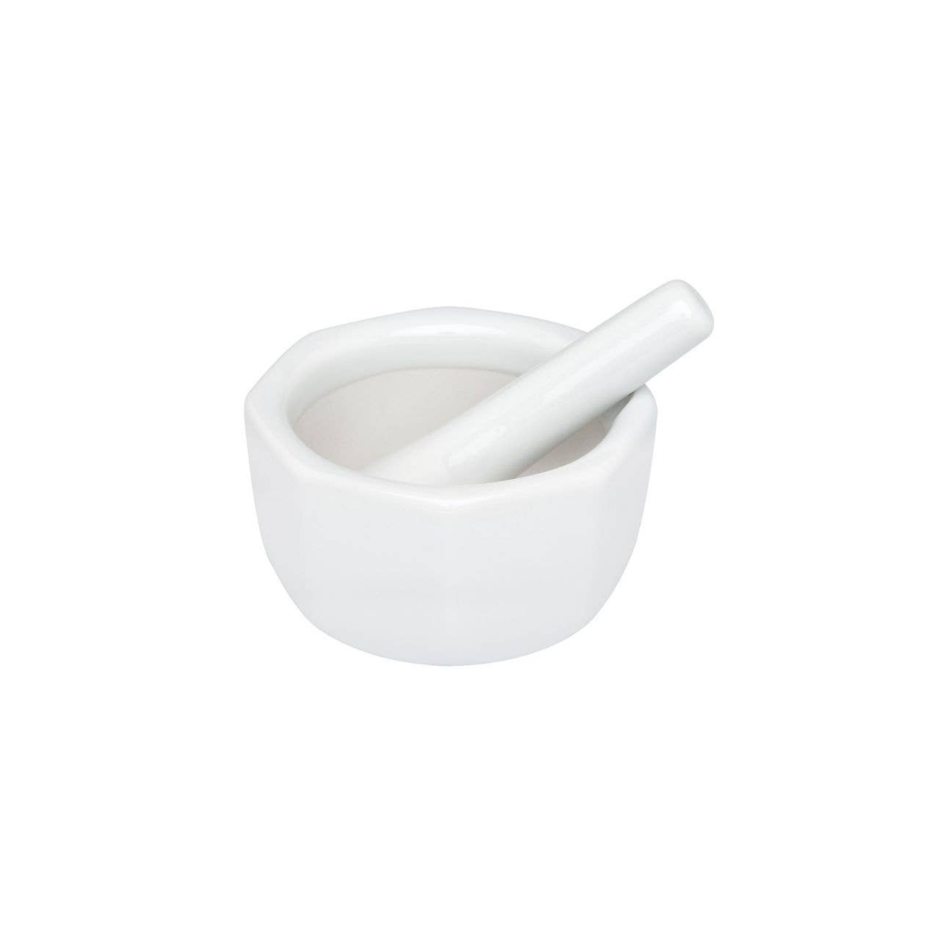 White ceramic mortar and pestle on a white background