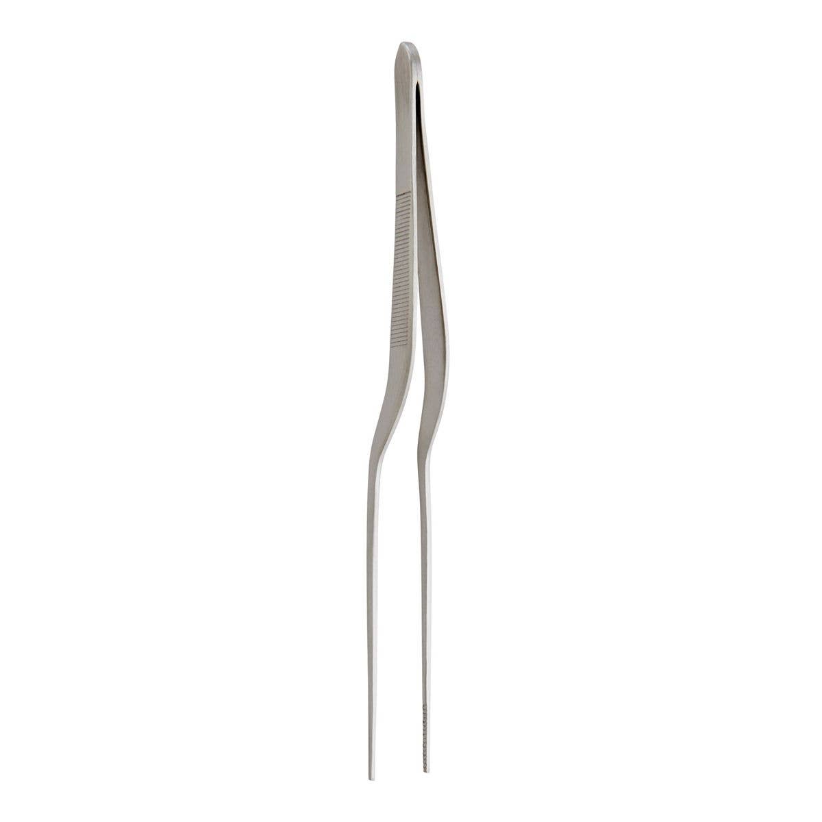 Pair of metal tweezers on a white background