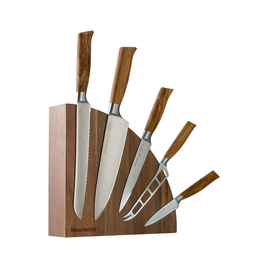 The Messermeister Oliva Elite 6 Piece Magnet Block Knife Set consists of an 8" Stealth Chef's Knife, 9" Bread Knife, 6" Utility Knife, 5" Cheese & Tomato Knife , 3.5" Paring Knife, and an Acacia Magnet Block. This is an exquisite knife block set for any kitchen!