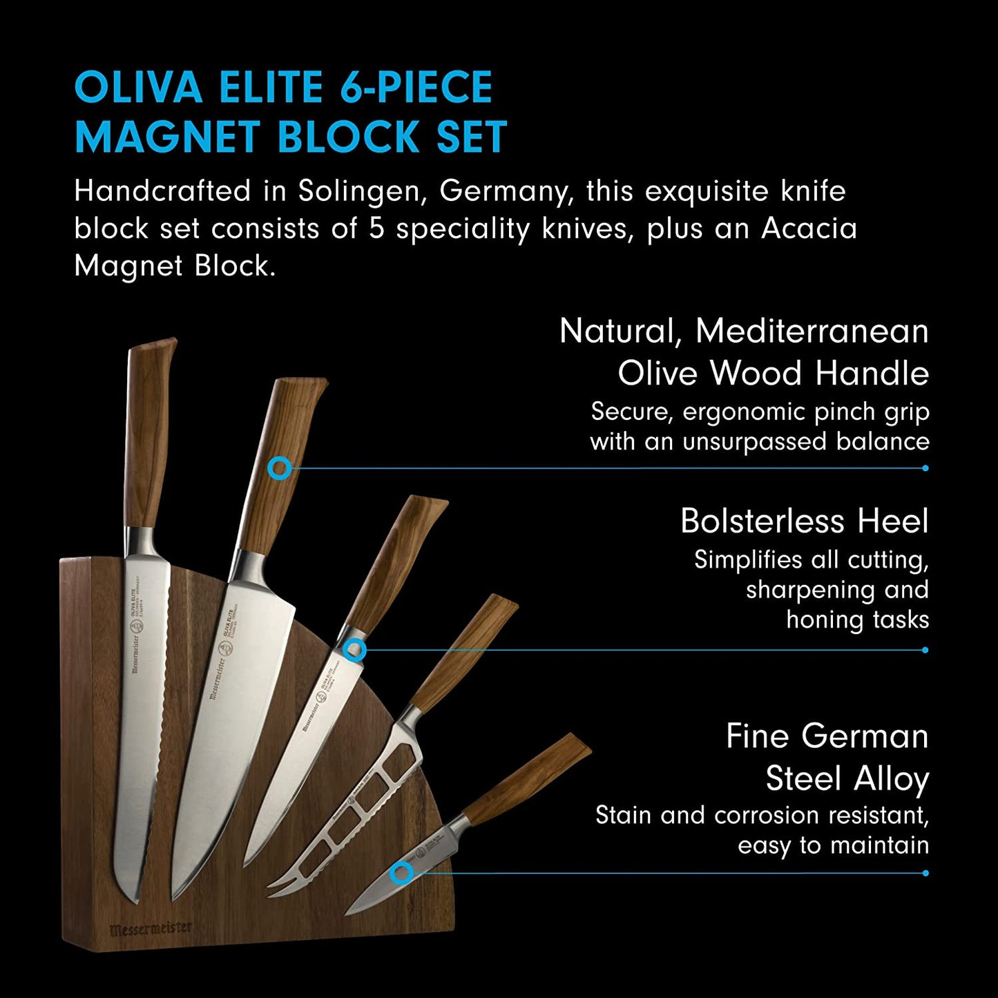 Oliva Elite Magnetic Knife Block Set - 6 Piece Set