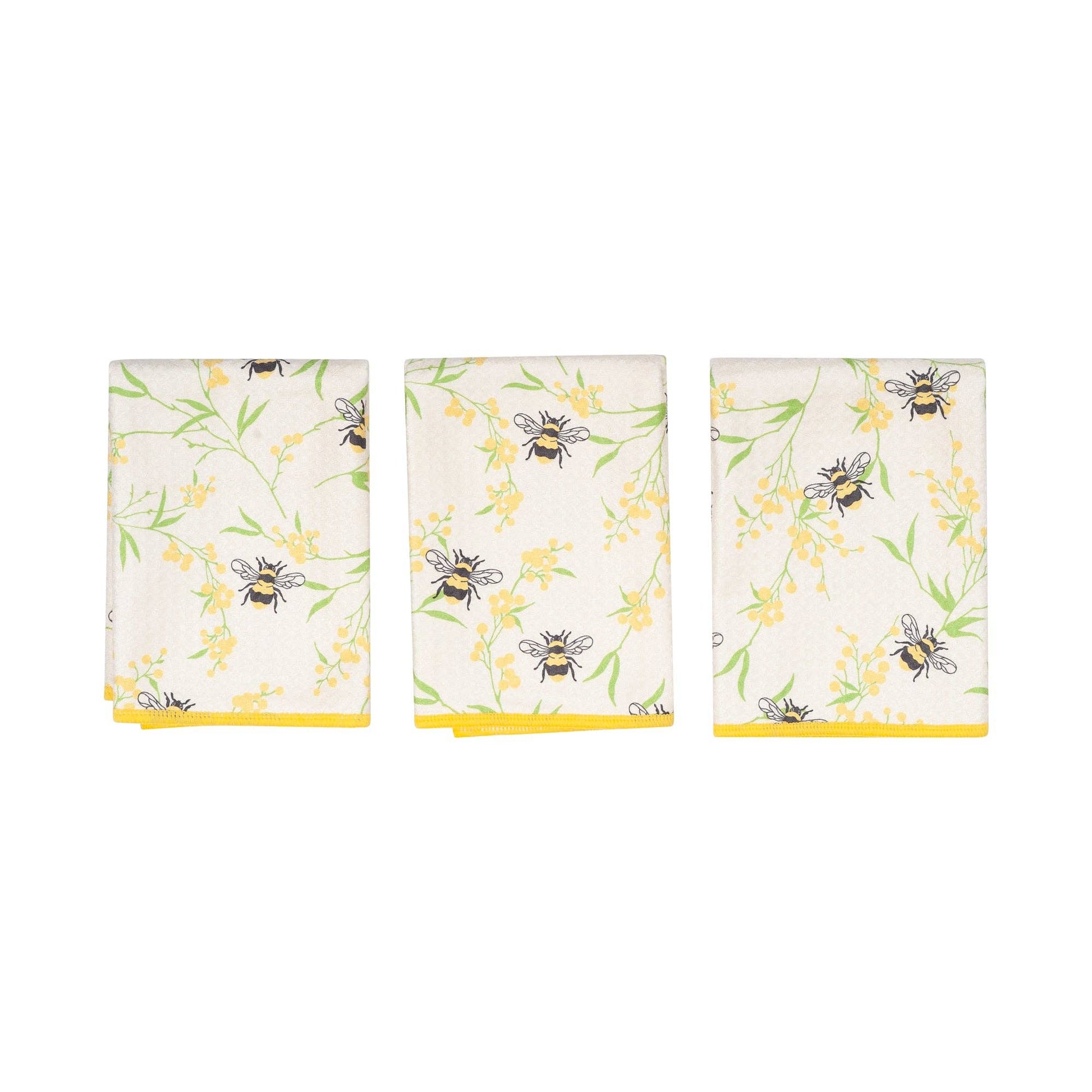 Three decorative towels with bee and floral pattern on a white background