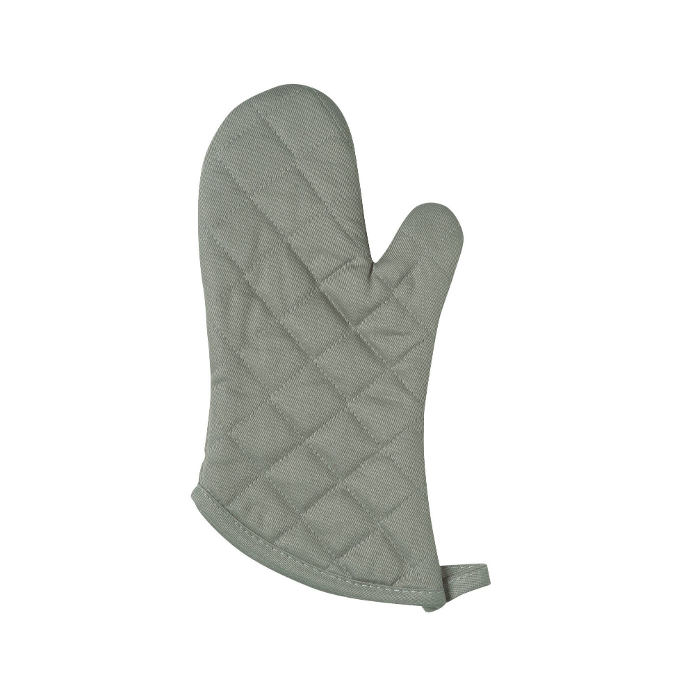 A single quilted oven mitt in a grey color, shown against a plain white background.
