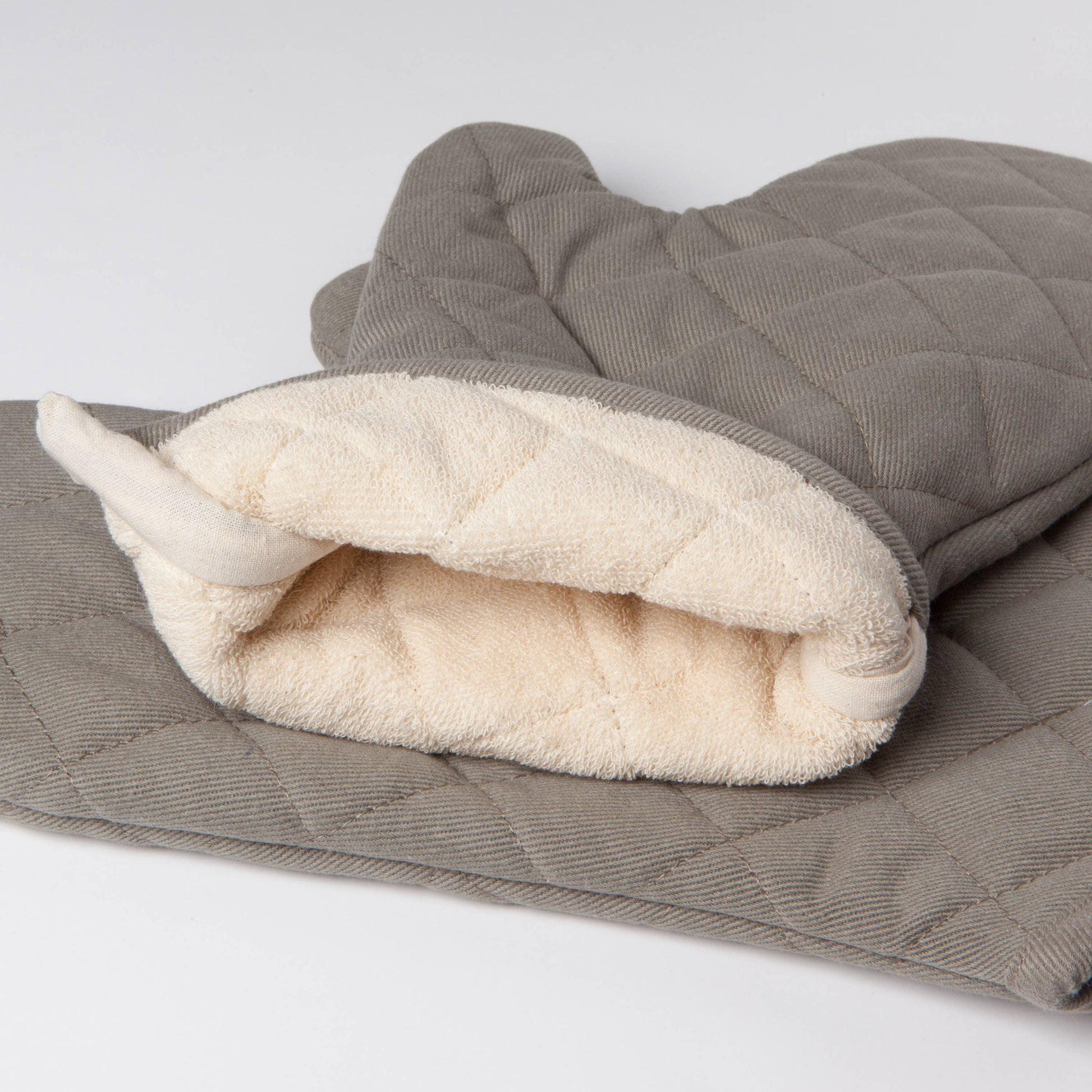 Gray quilted oven mitt with white interior on a light gray background