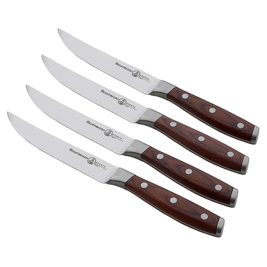 The Avanta 4 Piece Pakkawood Fine Edge Stainless Steak Knives are crafted from X50 German steel for knives that are sharp, rust resistant, and easy to maintain. Solid bolsters and full tang construction give the knives great balance and heft. The 5” blades have fine cutting edges with curved tips to easily slice through steak. Avanta Steak Knives are made with a beautiful triple-rivet Pakkawood handle.