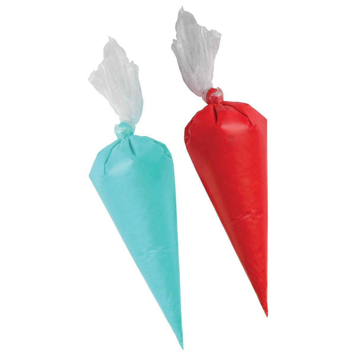 Two colorful piping bags, one red and one green, on a white background.