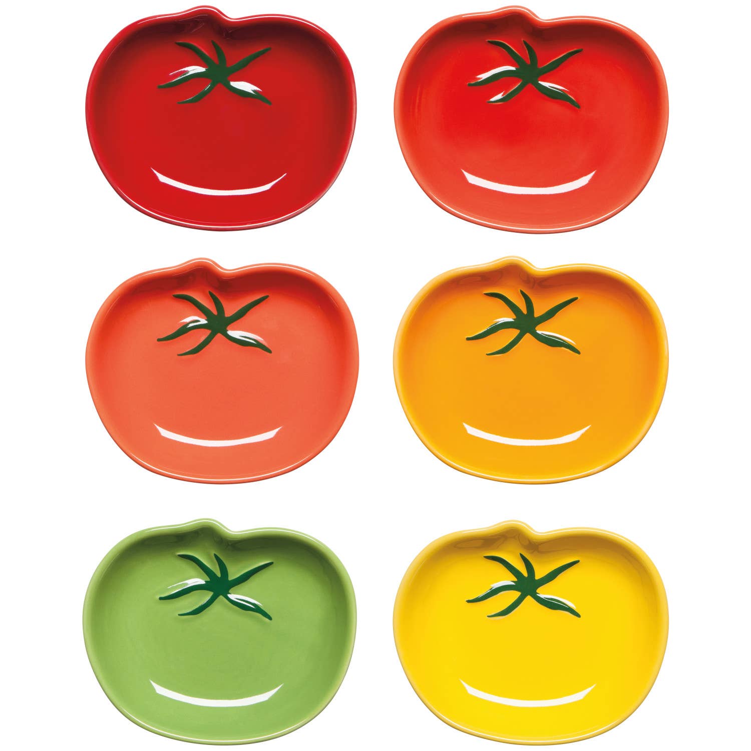 Set of six tomato-shaped plates in red, orange, yellow, green, and blue on a white background.