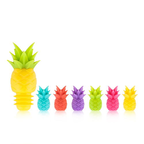 Keep your get-together colorful and on trend with this tropical set of six pineapple glass identifiers and bottle stopper. Bright colors ensure every glass gets some cheer, and the silicone stopper preserves your bottle for the next round! Let the good times flow with ease- no one will ever mistake their drinks or worry about a leaky bottle again!