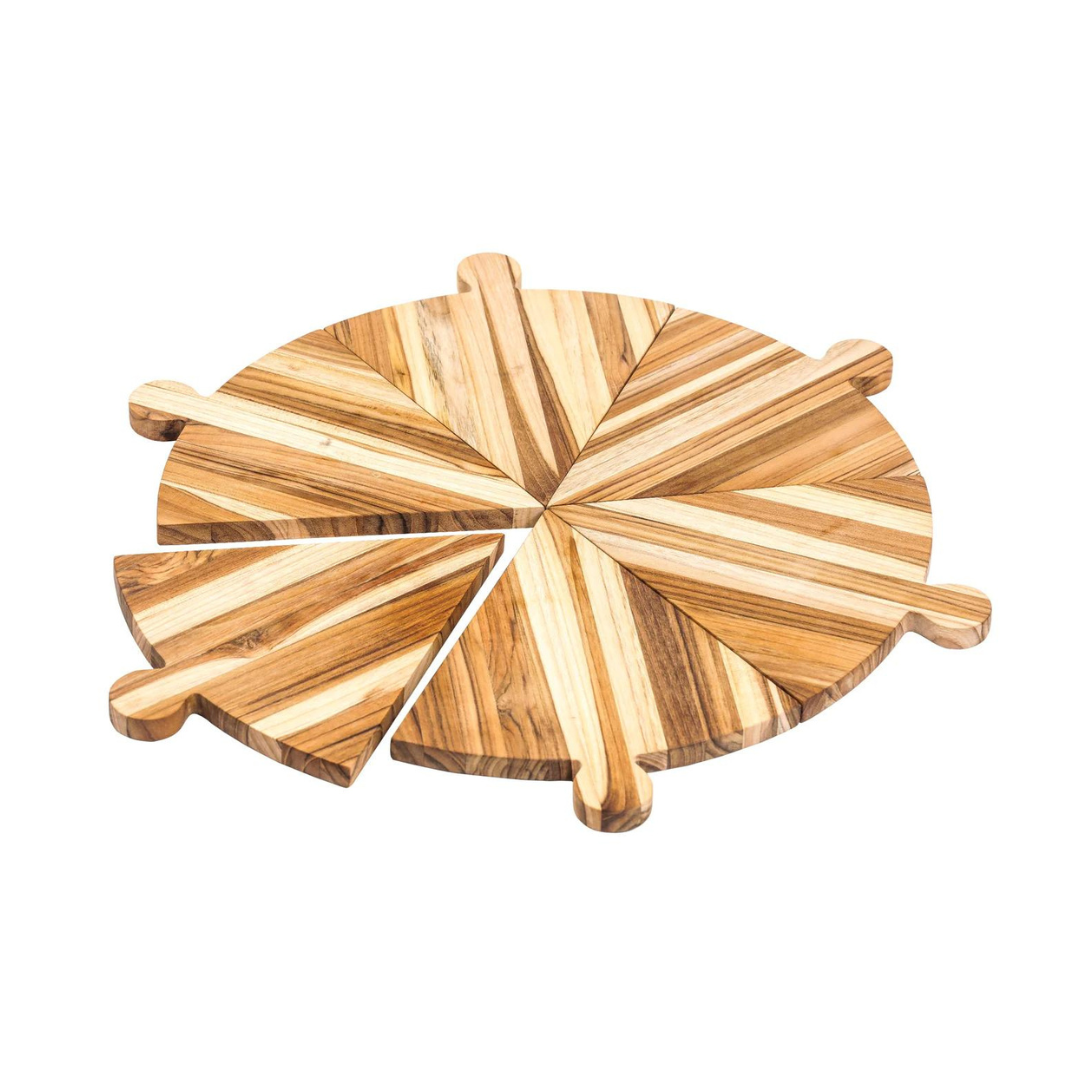 Impress with style and sustainability with this pizza serving set! Made from eco-friendly teakwood, the 6 individual boards come together to form one perfect round board. Teak's water repellant properties and medium hardness make for a luxurious cutting experience that keeps knives sharp. Easy to maintain, simply add a few drops of oil to keep your boards looking new.