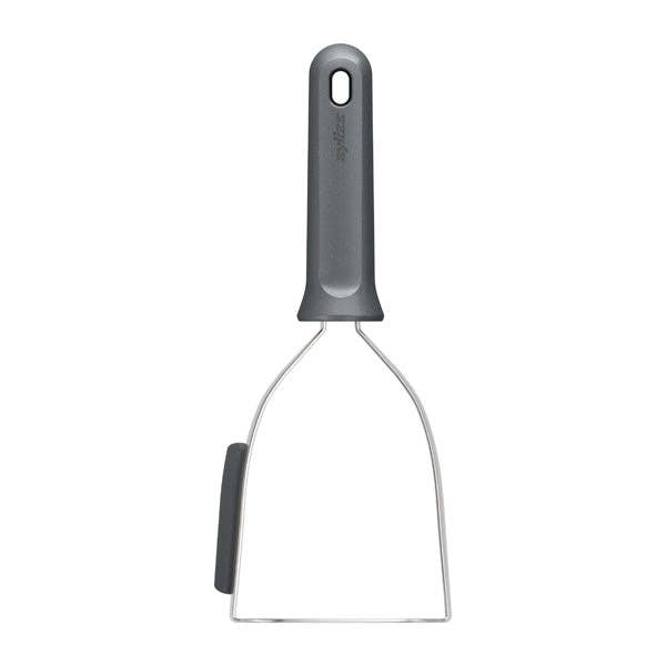 Metal kitchen scraper with a gray handle on a white background