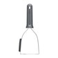 Metal kitchen scraper with a gray handle on a white background