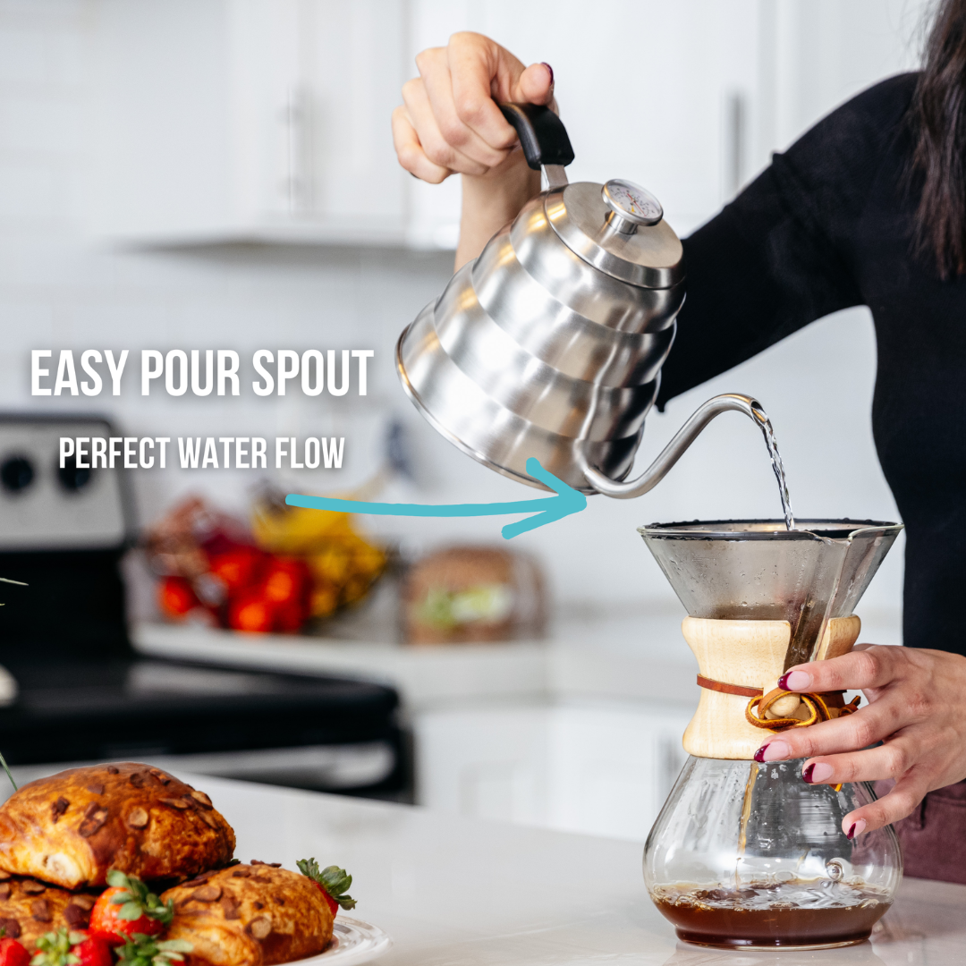 Silver kettle has easy pour spout for perfect water flow