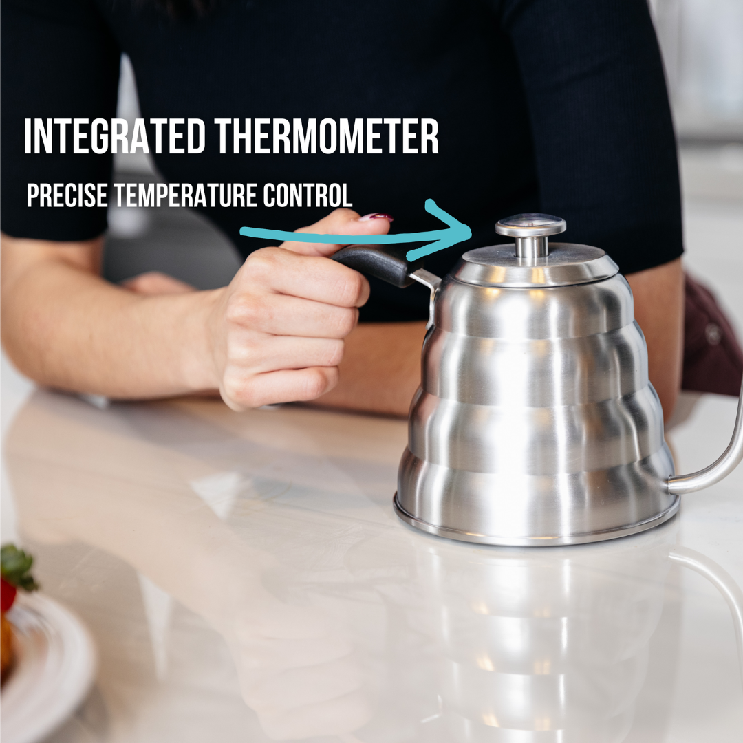 Pour over kettle in silver has an integrated thermometer for precise temperature control