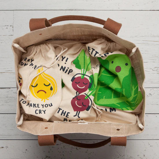 Set of 3 Funny Food Produce Bags by Now Designs! Each bag features quirky puns from playful, colorful veggies that are sure to bring smiles and laughter as you shop.