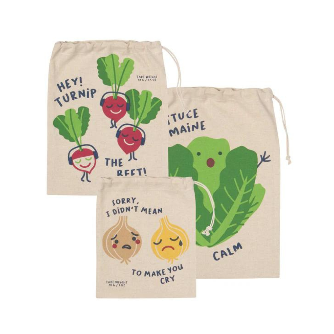 Set of 3 Funny Food Produce Bags by Now Designs! Each bag features quirky puns from playful, colorful veggies that are sure to bring smiles and laughter as you shop.