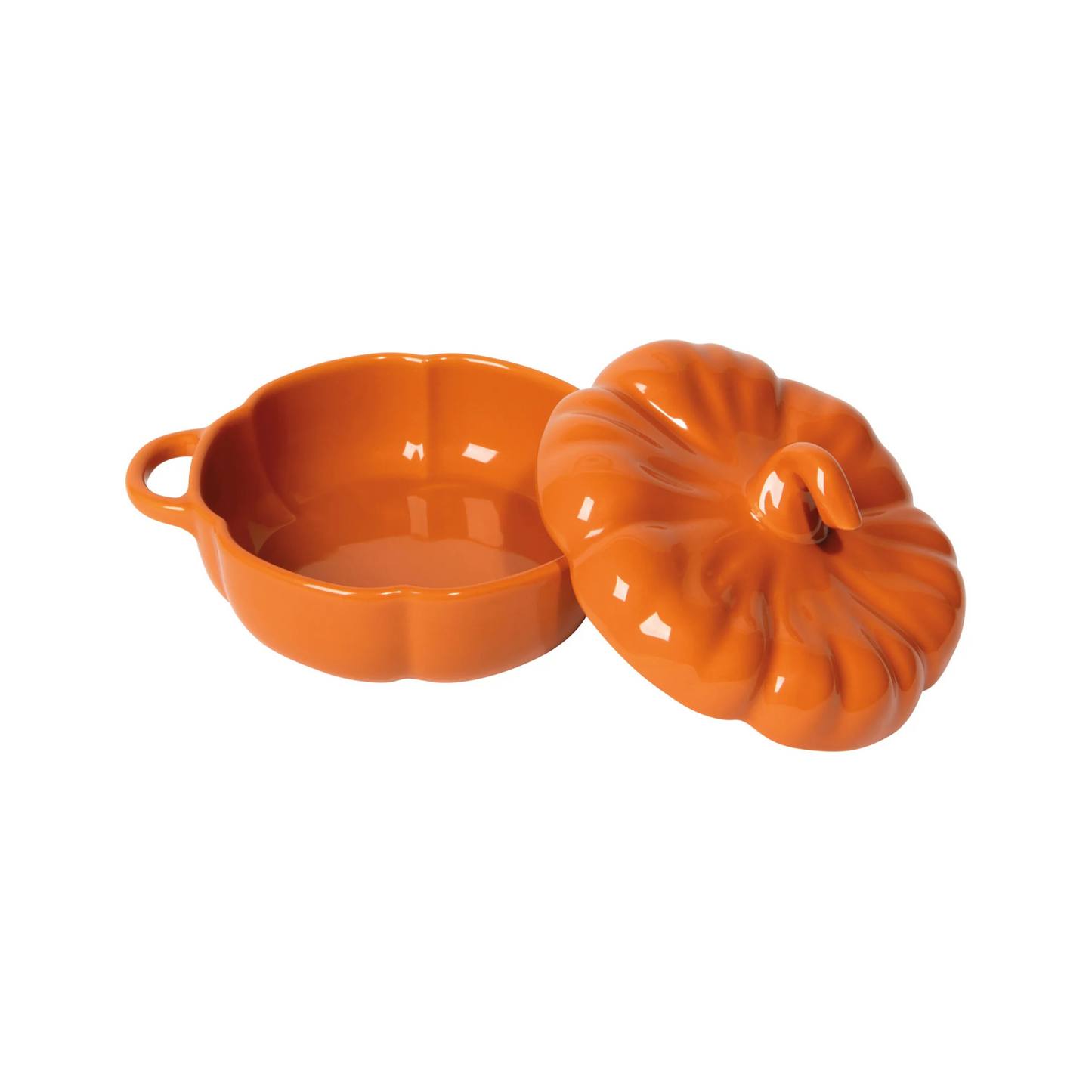 Orange ceramic dish with a matching lid on a white background