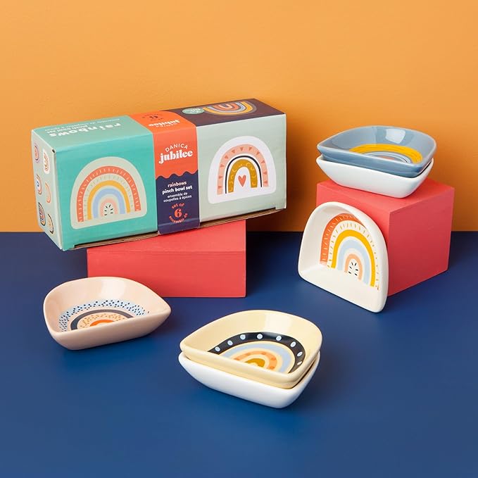 Set of six rainbow pinch bowls by Now Designs. 2 ounce capacity, dishwasher and microwave-safe, made of stoneware and oh so cute! 