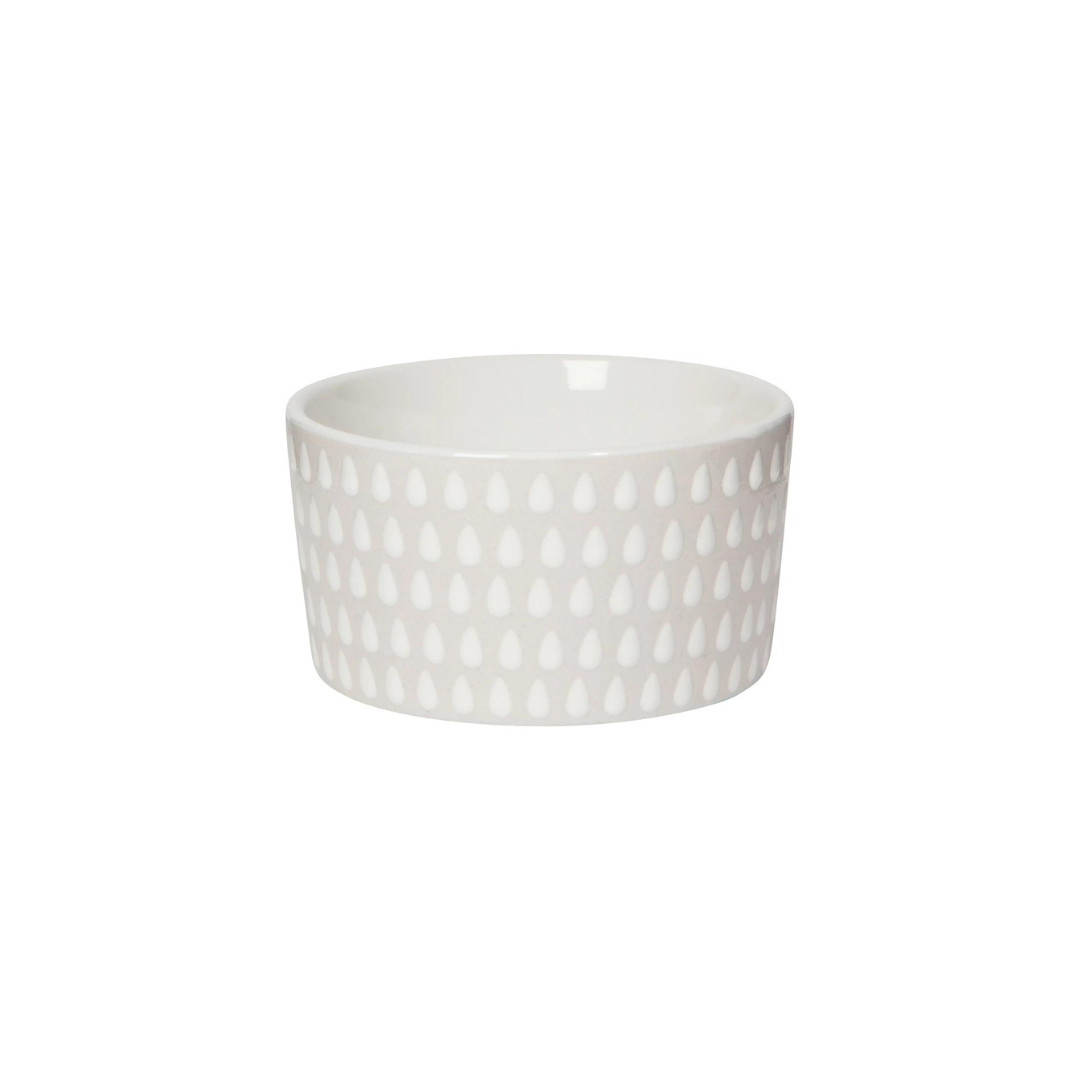 Set of 4 white ramekins with a subtle raindrop pattern. Dishwasher, microwave, and oven-safe ramekin dishes and bowls.