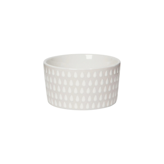 Set of 4 white ramekins with a subtle raindrop pattern. Dishwasher, microwave, and oven-safe ramekin dishes and bowls.