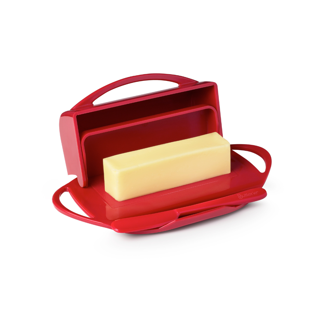 Butterie Dish with stick of butter in red with spreader open