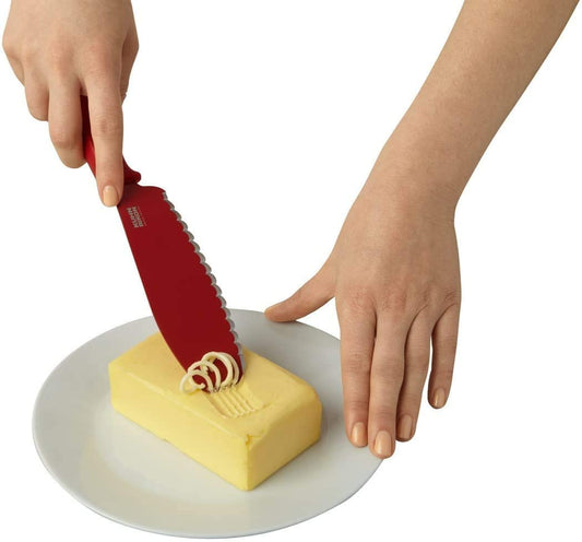 It's ultimate sandwich knife! This multifunctional tool shaves delicate curls for easy spreading of cold butter. The grater tip helps spread butter making it softer and easier to apply evenly. The scalloped edge is so sharp it's perfect for slicing anything from tomatoes to a crusty loaf of bread and the opposite edge is great for spreading.