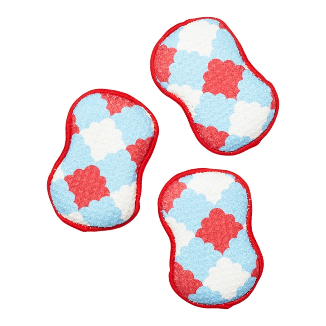 Three cloud-patterned sponges with red borders on a white background