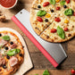 Rocking Pizza Cutter with Blade Guard under a sliced pizza on a wooden table.