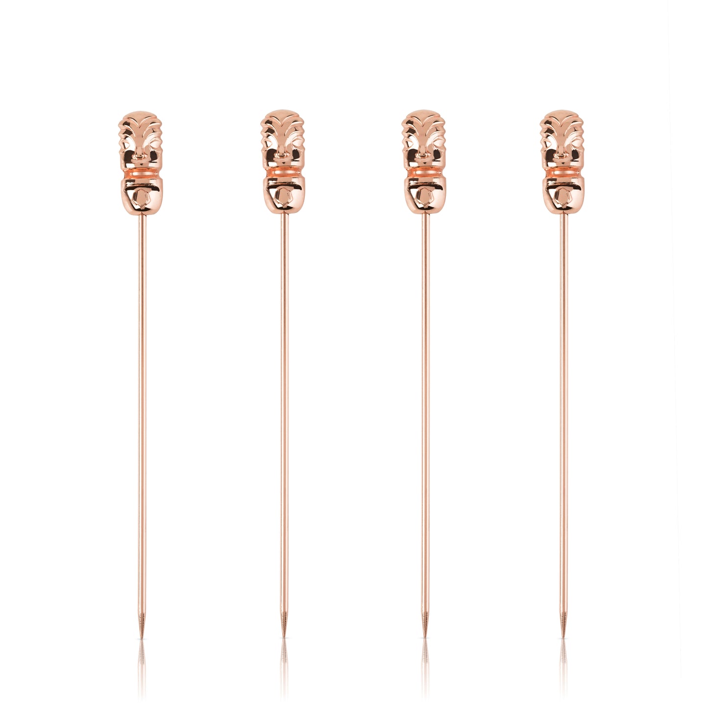Elevate your mixology game with our Set of 4 Rose Gold Tiki Cocktail Picks, the perfect blend of style and function for any cocktail enthusiast. Crafted from premium stainless steel and adorned with a chic rose gold finish, these picks add a touch of glamour to your drink presentation. The Tiki-inspired design not only serves as a trendy aesthetic but also ensures a secure grip on garnishes, making them ideal for both casual gatherings and upscale soirées. 