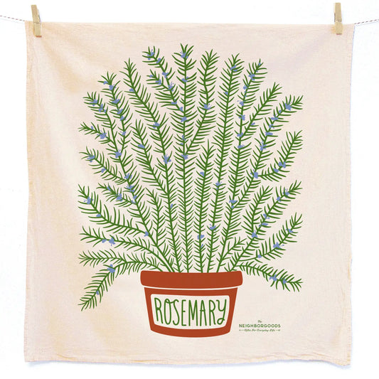The rosemary herb tea towel is sure to freshen up your kitchen and brighten your everyday.  Made from 100% flour sack cotton, our Rosemary dish towel and will only get softer and more absorbent over the years in your kitchen. This generously sized dish towel can handle small and big tasks in the kitchen as well as household chores.